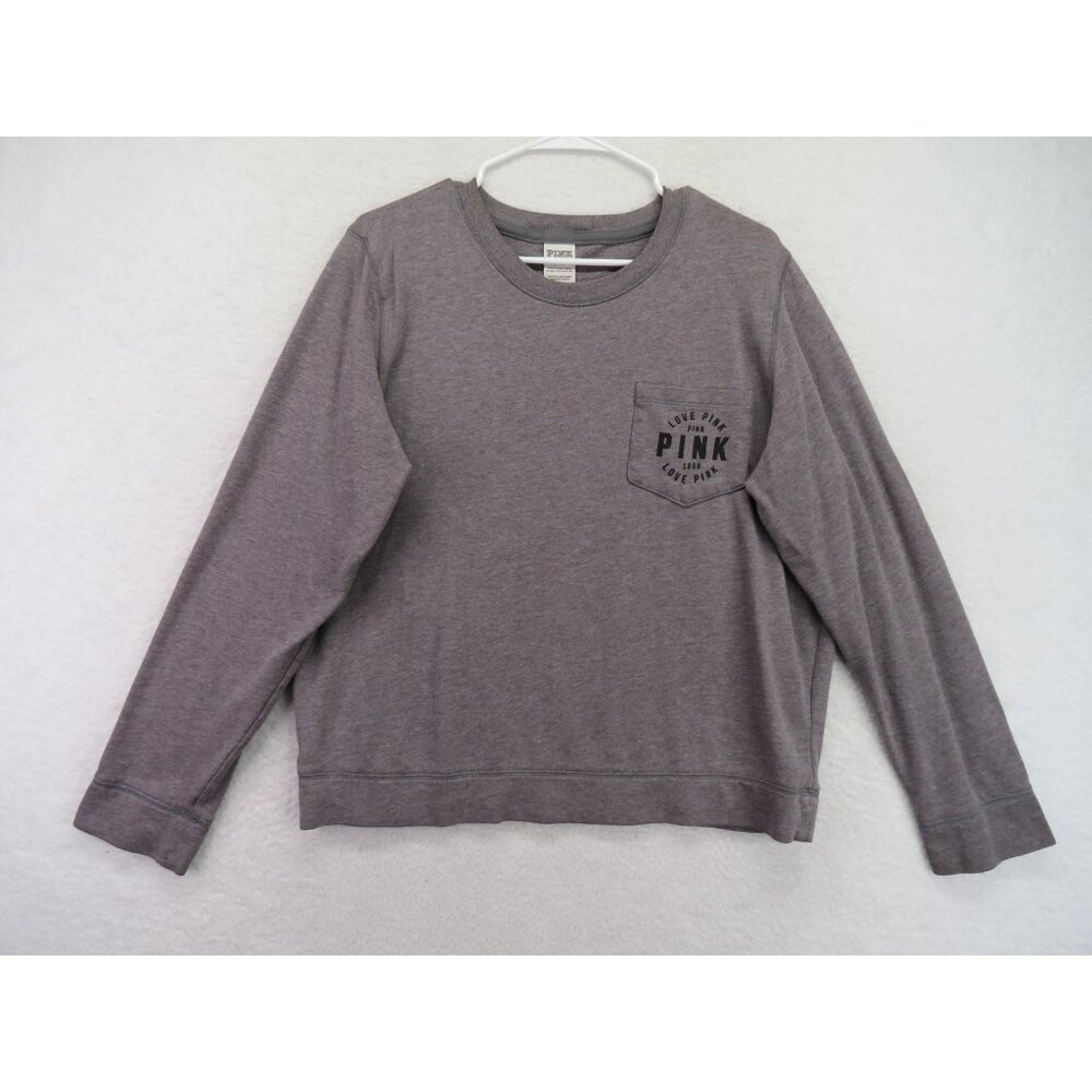 Victoria's Secret PINK Shirt Womens Large Gray‎ Long Sleeve Crewneck Pocket 1986